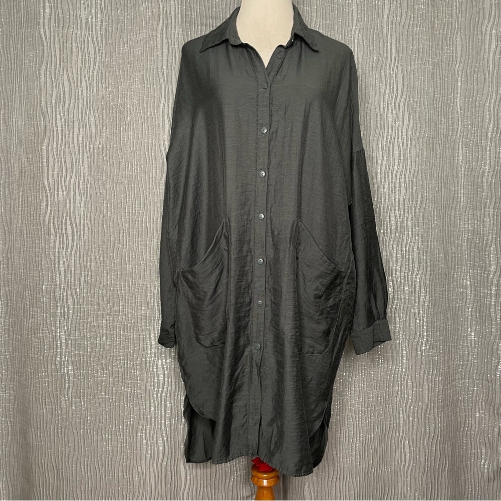 Zara grey/green Button-Down Shirt Dress